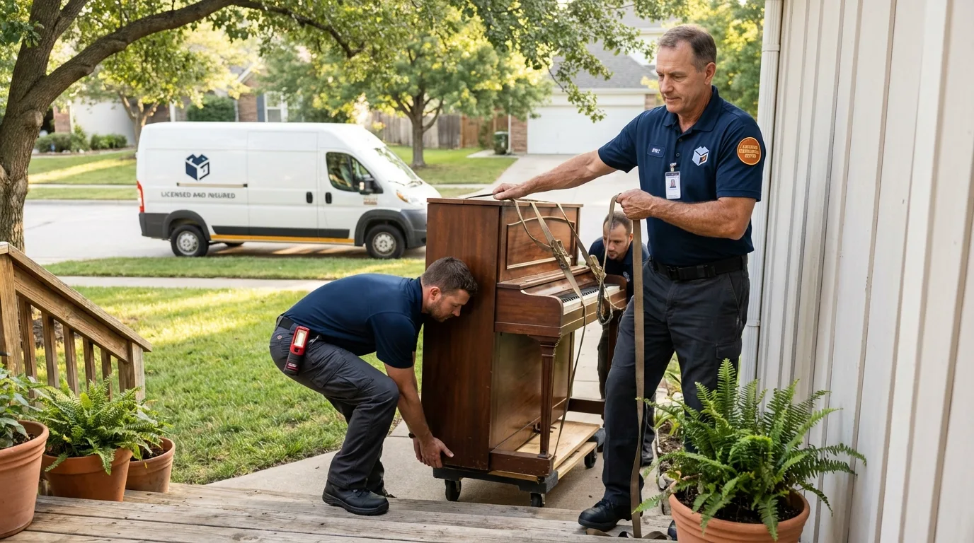 Licensed piano movers securing grand piano in Gordon, GA