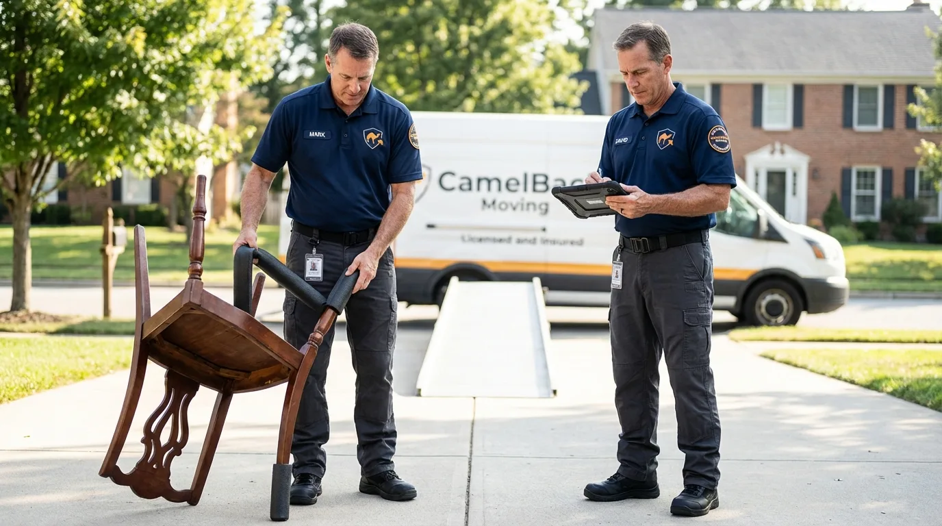 Movers inspecting furniture for damage prevention before loading in Gordon, GA